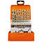 Bohrer-Set in orangefarbener Metallbox, Bohrer in verschiedenen Größen und Ziffern.