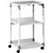 White, rolling serving cart with three levels. Black wheels, grey corner connectors and a foldable top shelf.