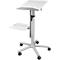 White, height-adjustable lectern cart with two shelves. On wheels.