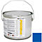 A metal paint bucket from Proline, with handle, white label and blue color sample.