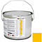 Yellow paint bucket with handle. Sticker with the lettering PROline, quantity 5 liters. Color sample on the right.