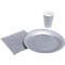 Assiette en carton grise, gobelet, serviette. Vaisselle pour un pique-nique.