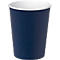 Gobelet en papier bleu avec bord et intérieur blancs.