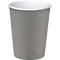 Grauer Pappbecher mit weissem Rand und Innenseite.