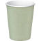 Hellgrüner Pappbecher mit weissem Rand. Der Becher steht vor weissem Hintergrund.