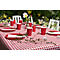 Ein festlich gedeckter Tisch mit rot-weiss karierter Tischdecke, roten Tellern, Bechern, Blumen und Kerzen im Freien.