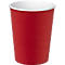 Ein roter Pappbecher mit weissem Rand und Innenraum, vor weissem Hintergrund.