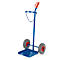 Blue gas cylinder cart with two wheels. A holder with a chain at the top, a shelf at the bottom.