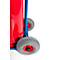 Close-up of a red fire extinguisher with blue frame and gray wheels. On a white background.