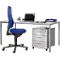 Office setup featuring desk, swivel chair, laptop, and drawer cabinet. The chair is blue, the desk and cabinet are gray.
