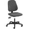 A gray office chair. The backrest is ergonomically shaped, the seat is square. The frame and castors are black.