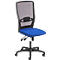 An office chair with a blue seat, black frame and mesh back, on wheels.