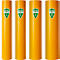 Quatre conteneurs cylindriques jaunes avec logos et indications de taille, sur fond blanc.