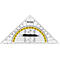Transparent triangular protractor with yellow angle display and black handle, scale and markings.