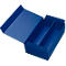 Open blue cardboard box with two compartments. Lid half open.