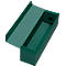 A green box, open. The lid is at an angle, and a plastic part can be seen inside.