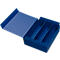 Opened blue box with three compartments. The lid is slightly open.