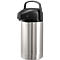 Stainless steel thermos with black lid and handle.