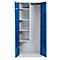 Stahlschrank mit geöffneten blauen Türen, links mit vier Fächern und rechts mit Kleiderstange.