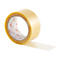 A roll of transparent adhesive tape. On the core the logo 'Q44'. A piece of tape rolled out is next to it.