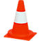 An orange traffic cone with a white reflector band, stands against a white background.