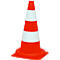 Traffic cone: An orange cone with two white stripes. The base is square.