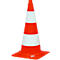 Traffic cone with orange and white stripes. The cone has a square base.