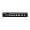 Ein schwarzer QNAP Switch mit sechs Ethernet-Ports. Auf der Oberseite befinden sich LED-Anzeigen, Anschlüsse und Produktinformationen.
