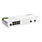 Un commutateur réseau QNAP blanc avec ports, étiquettes et bouton de réinitialisation.