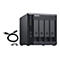 Un système NAS QNAP noir avec quatre baies pour disques durs. Comprend un câble USB et deux clés.