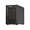 Schwarzer QNAP NAS-Server, Frontansicht. Mit Einschaltknopf, USB-Anschluss und zwei Einschüben. Oben: QNAP-Logo, Funktionsanzeigen.