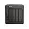 Ein schwarzes QNAP NAS-Gerät mit vier Laufwerksschächten. Auf der Vorderseite befinden sich Status-LEDs und ein USB-Anschluss.