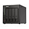 Schwarzes QNAP NAS-Gerät mit 4 Einschüben, USB-Anschluss und LED-Anzeige.