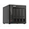 Schwarzes QNAP NAS-Gehäuse mit vier Festplatteneinschüben, Status-LEDs und USB-Anschluss.