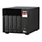 Schwarzes QNAP TS-X73A NAS-System mit vier FestplattenschÃ¤chten, rotem Aufkleber und seitlichen AnschlÃ¼ssen.
