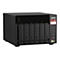 Serveur NAS QNAP noir, 6 baies avant, indicateurs en haut, bouton d'alimentation Ã  droite.