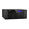 Schwarzer QNAP TS-h1290FX NAS-Server mit zwölf Festplatteneinschüben und blauem Status-Display vor weißem Hintergrund.