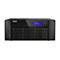Schwarzer QNAP NAS-Server mit zwölf Festplatteneinschüben, LCD-Display und Statusleuchten vor weißem Hintergrund.