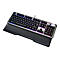 Gaming-Tastatur mit RGB-Beleuchtung und Handauflage. Schwarze Tasten auf silbernem Hintergrund. Logo an Handauflage und Tastatur.