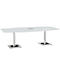 White conference table, oval shaped, two metal legs, with opening in the middle.