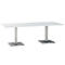 White rectangular table with two metal square feet.