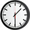 Black wall clock showing 1:06. Black frame, white face, red second hand.