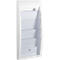 White wall-mounted brochure holder with transparent compartments.