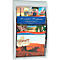 White brochure holder with colorful brochures. Brochures show travel destinations such as the Eiffel Tower and desert landscapes.