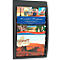 Black brochure holder with travel brochures; Eiffel Tower, Tunisian destinations, and desert landscape.