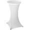 Tall, white high table with a curved shape. Round tabletop, fabric cover, square base.