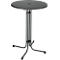 Grey high table with round table top and slim metal legs. The surface has a small hole in the middle.