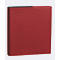 Carnet rouge, aspect cuir, avec surpiqûres blanches. La couverture a une surface légèrement texturée.