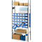 Metal rack with blue containers, cardboard boxes, and bottles. The shelves are filled with various items.