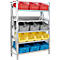 Multi-colored metal shelf with red, grey, yellow and blue plastic boxes.